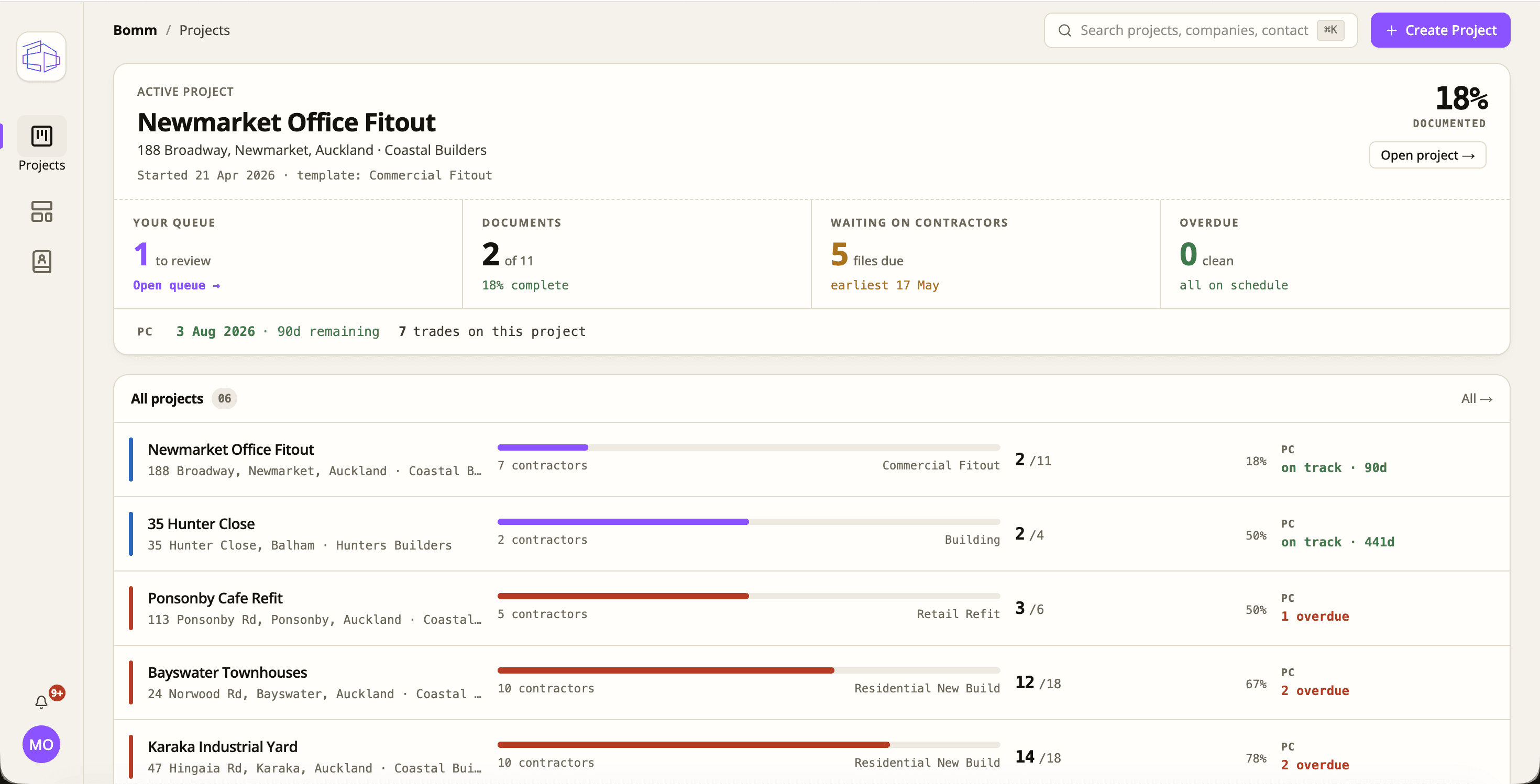 Bomm dashboard showing the active project, document review queue, and contractor status